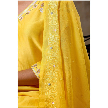 Bbaawri Yellow Color Hand Embroidered Chanderi Silk Kurta with Pant & Dupatta (Set of 3)