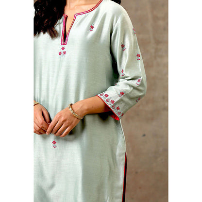 Bbaawri Sage Green Pink Hand Embroidered Chanderi Silk Kurta with Pant & Dupatta (Set of 3)