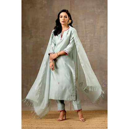 Bbaawri Sage Green Pink Hand Embroidered Chanderi Silk Kurta with Pant & Dupatta (Set of 3)