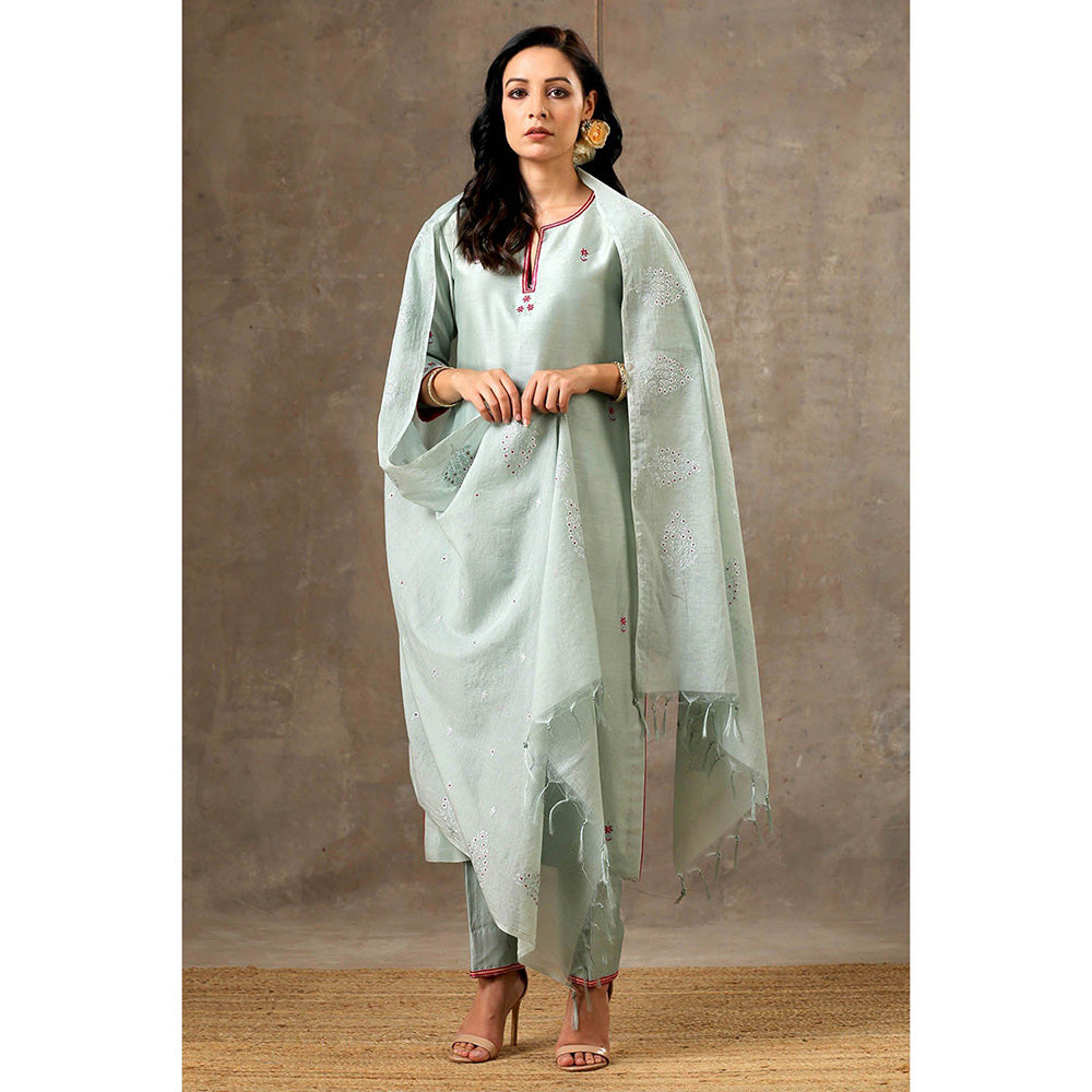 Bbaawri Sage Green Pink Hand Embroidered Chanderi Silk Kurta with Pant & Dupatta (Set of 3)