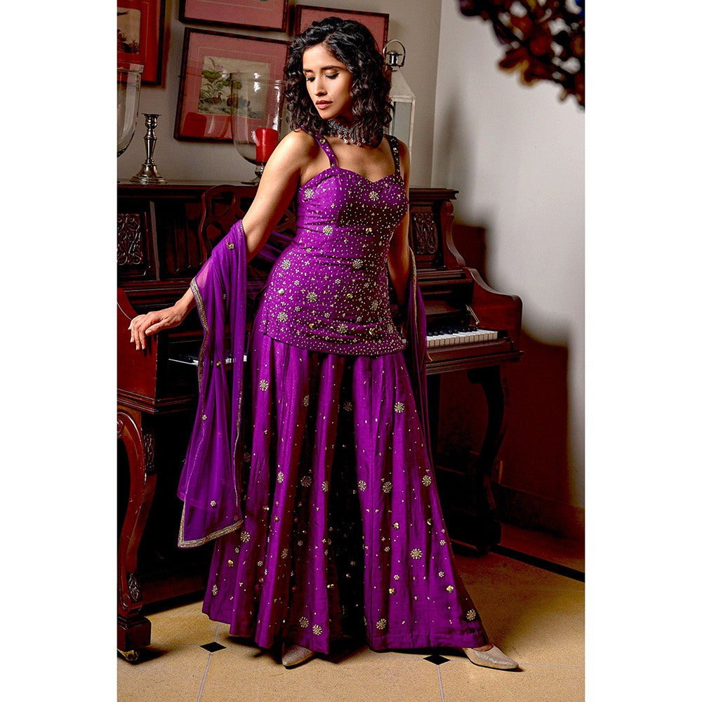 Bbaawri Purple Sassy Hand Embroidered Top with Sharara & Dupatta (Set of 3)
