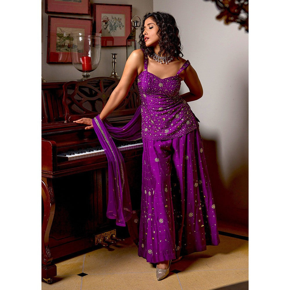 Bbaawri Purple Sassy Hand Embroidered Top with Sharara & Dupatta (Set of 3)