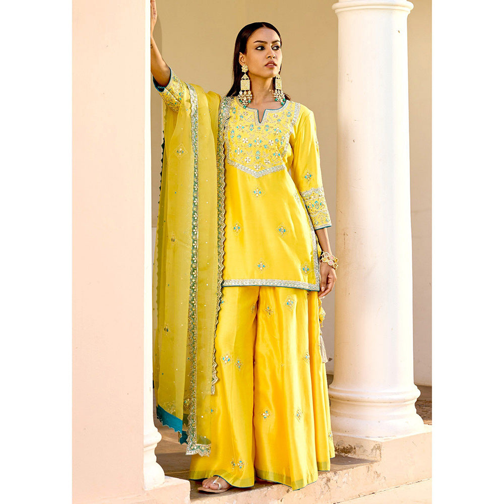 Bbaawri Yellow Silk Zardosi Resham Naksshi Embroidered Top with Sharara & Dupatta (Set of 3)