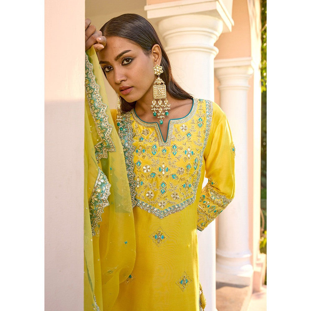 Bbaawri Yellow Silk Zardosi Resham Naksshi Embroidered Top with Sharara & Dupatta (Set of 3)