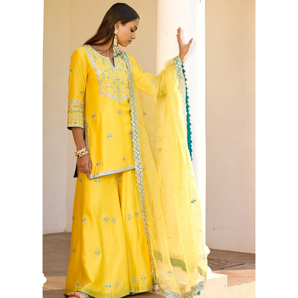 Bbaawri Yellow Silk Zardosi Resham Naksshi Embroidered Top with Sharara & Dupatta (Set of 3)