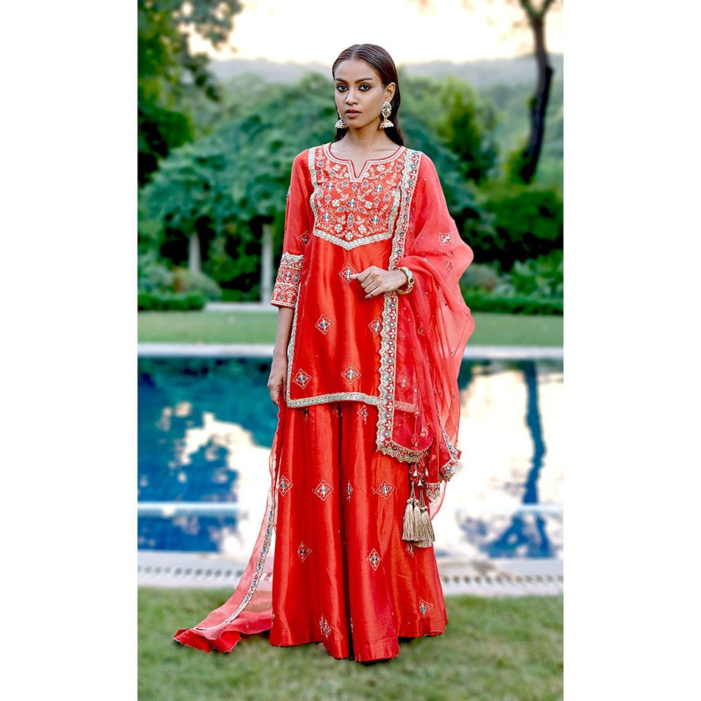 Bbaawri Red Blue Silk Zardosi Resham Naksshi Embroidered Top with Sharara & Dupatta (Set of 3)
