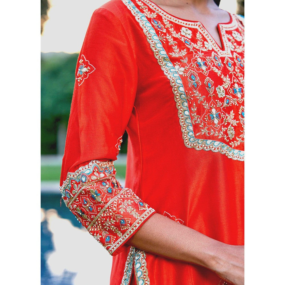 Bbaawri Red Blue Silk Zardosi Resham Naksshi Embroidered Top with Sharara & Dupatta (Set of 3)