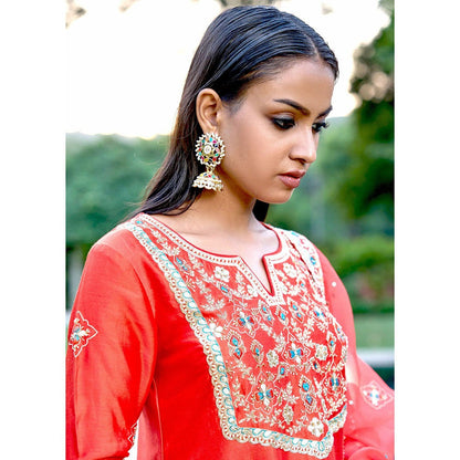Bbaawri Red Blue Silk Zardosi Resham Naksshi Embroidered Top with Sharara & Dupatta (Set of 3)