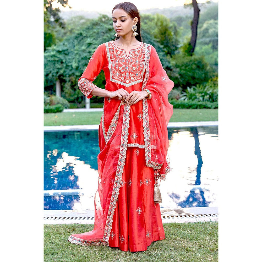 Bbaawri Red Blue Silk Zardosi Resham Naksshi Embroidered Top with Sharara & Dupatta (Set of 3)