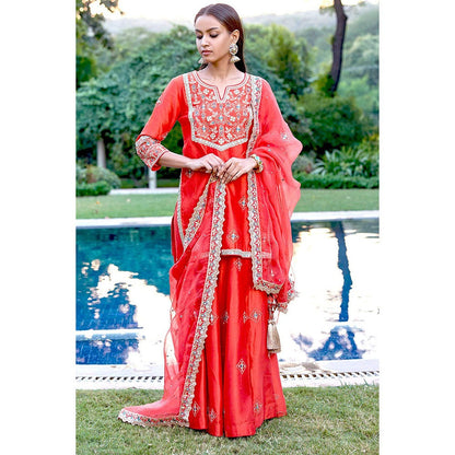 Bbaawri Red Blue Silk Zardosi Resham Naksshi Embroidered Top with Sharara & Dupatta (Set of 3)