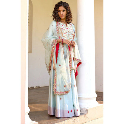 Bbaawri Blue Silk Zardosi Resham Naksshi Embroidered Top with Sharara & Dupatta (Set of 3)