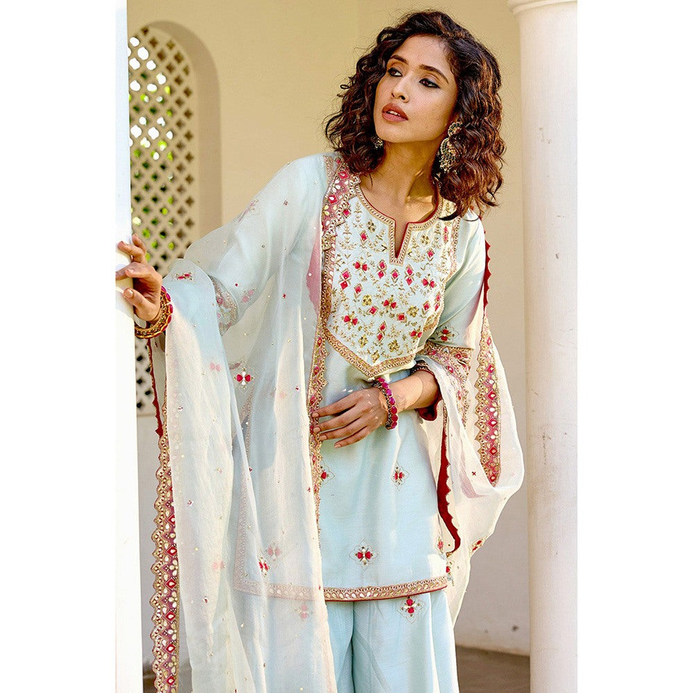 Bbaawri Blue Silk Zardosi Resham Naksshi Embroidered Top with Sharara & Dupatta (Set of 3)