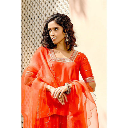 Bbaawri Red Embroidered Gota Patti & Nakkshi Top with Sharara & Dupatta (Set of 3)