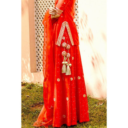 Bbaawri Red Embroidered Gota Patti & Nakkshi Top with Sharara & Dupatta (Set of 3)