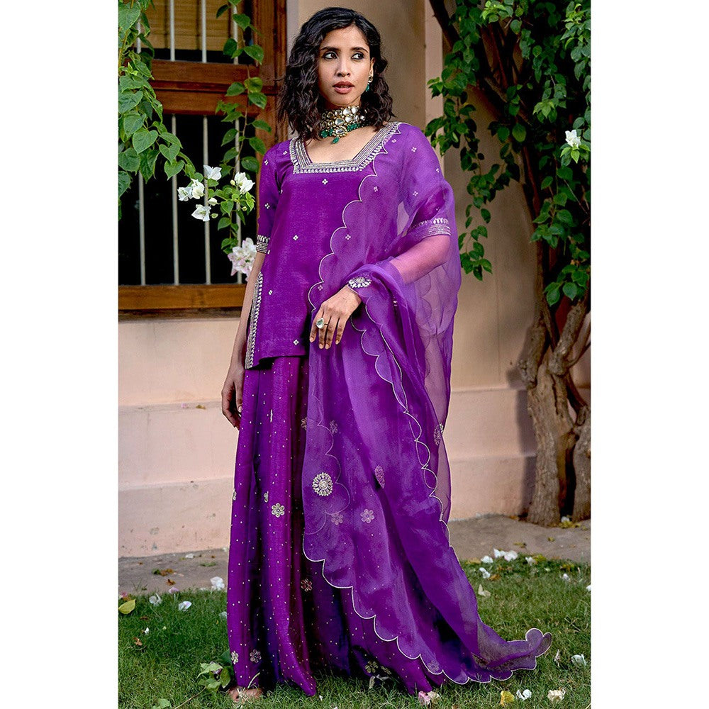 Bbaawri Purple Embroidered Gota Patti & Nakkshi Top with Sharara & Dupatta (Set of 3)