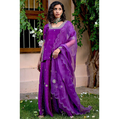 Bbaawri Purple Embroidered Gota Patti & Nakkshi Top with Sharara & Dupatta (Set of 3)