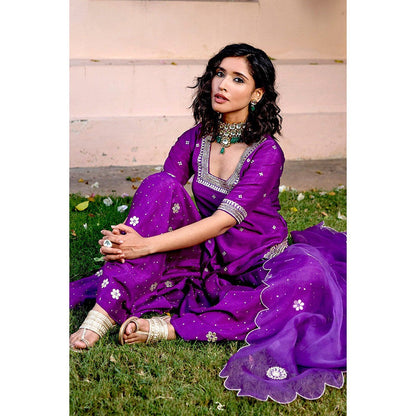 Bbaawri Purple Embroidered Gota Patti & Nakkshi Top with Sharara & Dupatta (Set of 3)