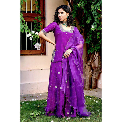 Bbaawri Purple Embroidered Gota Patti & Nakkshi Top with Sharara & Dupatta (Set of 3)