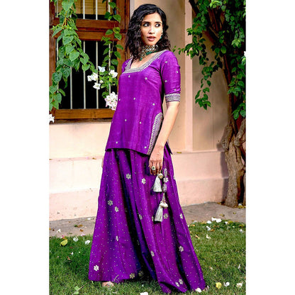 Bbaawri Purple Embroidered Gota Patti & Nakkshi Top with Sharara & Dupatta (Set of 3)