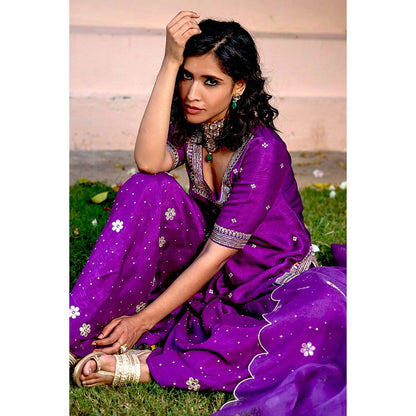 Bbaawri Purple Embroidered Gota Patti & Nakkshi Top with Sharara & Dupatta (Set of 3)