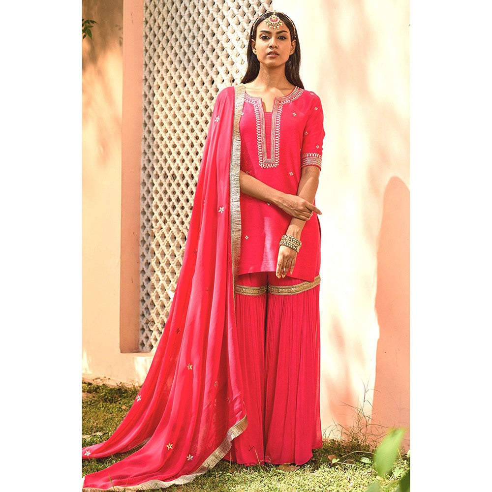 Bbaawri Yellow Silk Georgette Embroidered Top with Sharara & Dupatta (Set of 3)