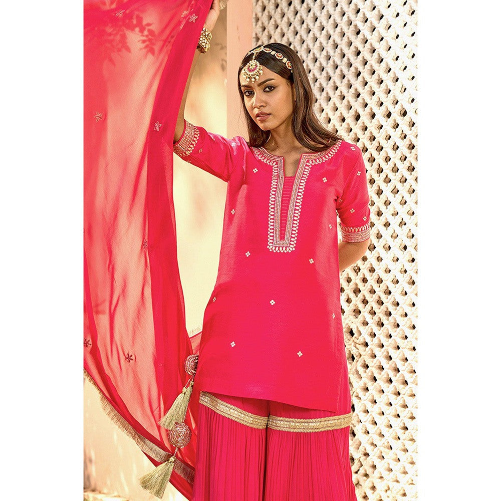 Bbaawri Yellow Silk Georgette Embroidered Top with Sharara & Dupatta (Set of 3)