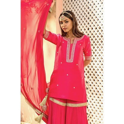 Bbaawri Yellow Silk Georgette Embroidered Top with Sharara & Dupatta (Set of 3)