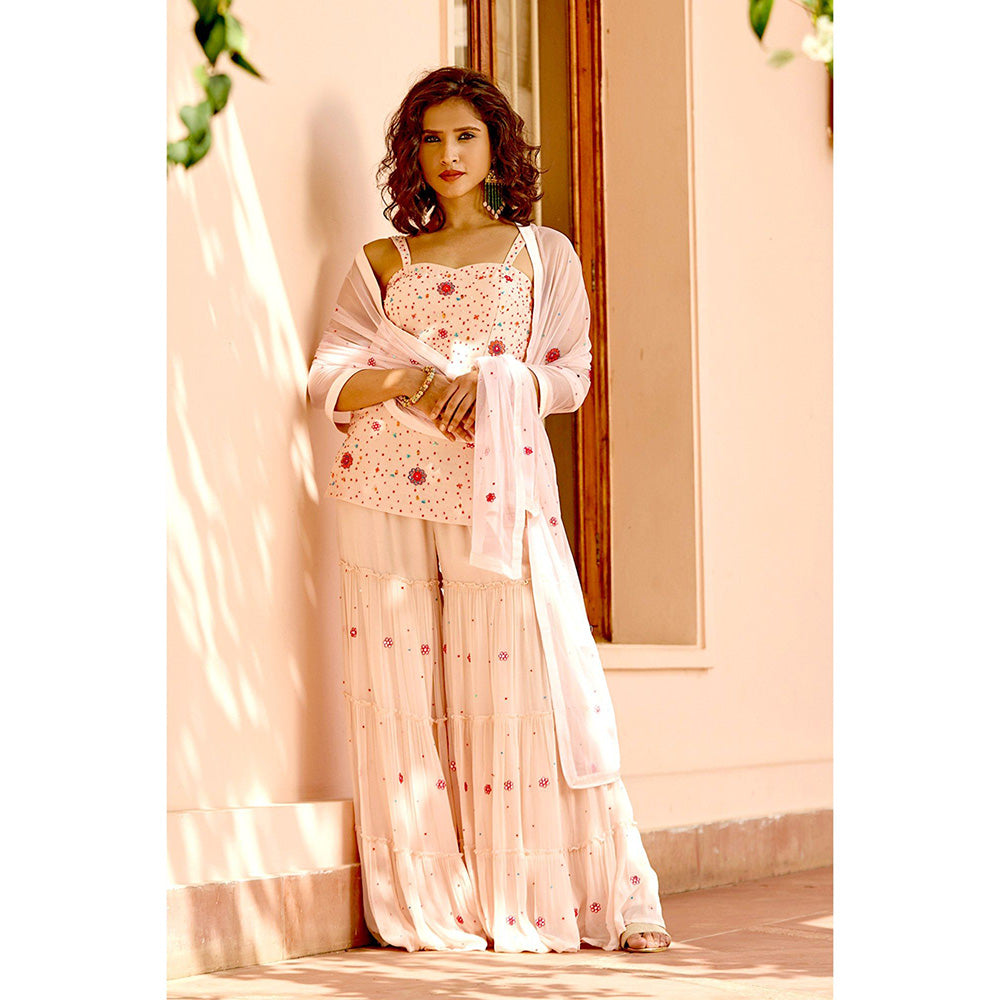 Bbaawri Nude Peach Embroidered Strappy Top with Sharara & Dupatta (Set of 3)