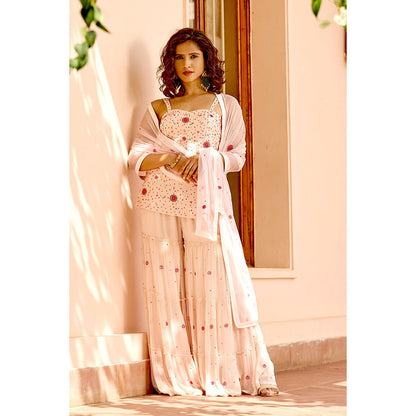 Bbaawri Nude Peach Embroidered Strappy Top with Sharara & Dupatta (Set of 3)