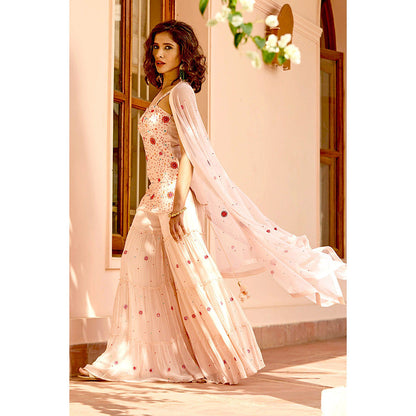 Bbaawri Nude Peach Embroidered Strappy Top with Sharara & Dupatta (Set of 3)