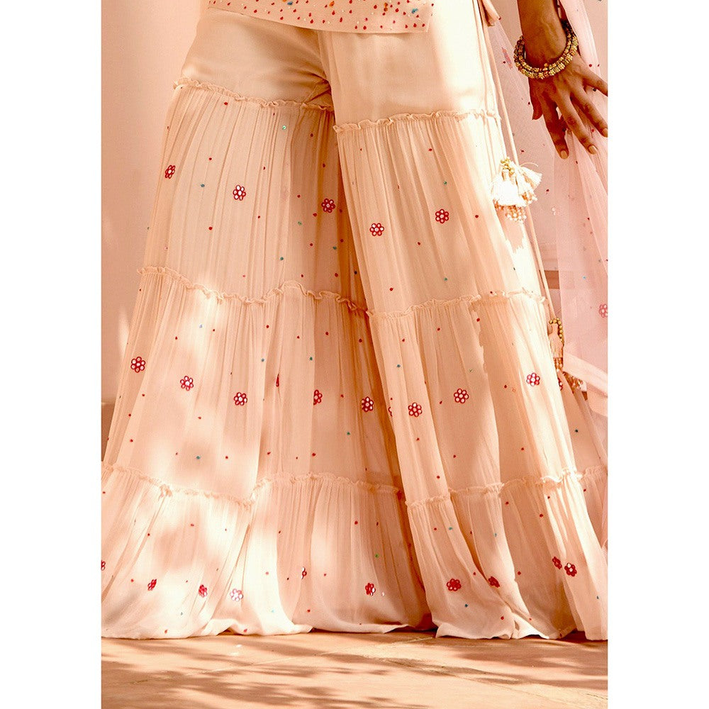 Bbaawri Nude Peach Embroidered Strappy Top with Sharara & Dupatta (Set of 3)