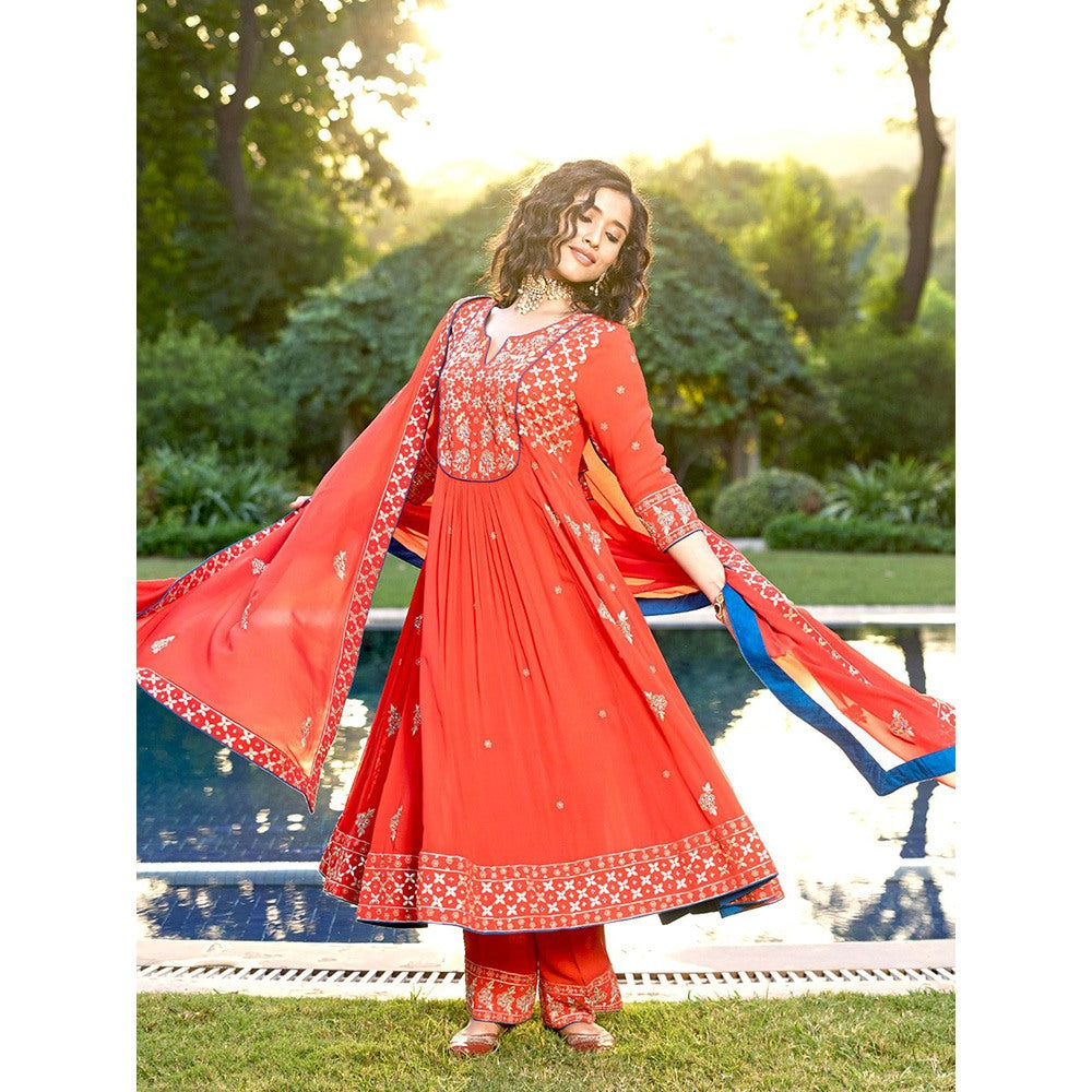 Bbaawri Red Georgette Kali Gota Patti Hand Embroidery Kurta with Pant & Dupatta (Set of 3)