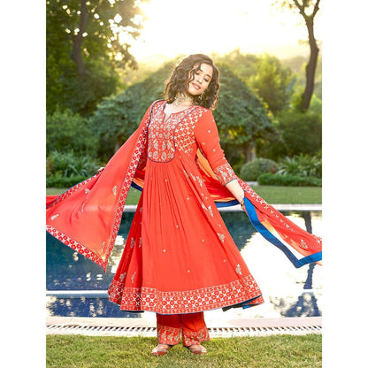 Bbaawri Red Georgette Kali Gota Patti Hand Embroidery Kurta with Pant & Dupatta (Set of 3)