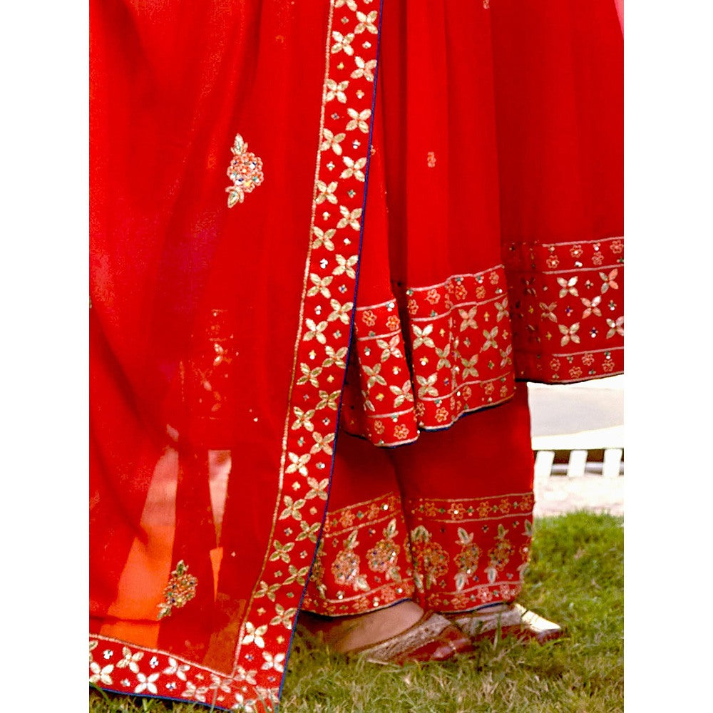 Bbaawri Red Georgette Kali Gota Patti Hand Embroidery Kurta with Pant & Dupatta (Set of 3)