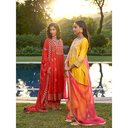 Bbaawri Red Georgette Kali Gota Patti Hand Embroidery Kurta with Pant & Dupatta (Set of 3)