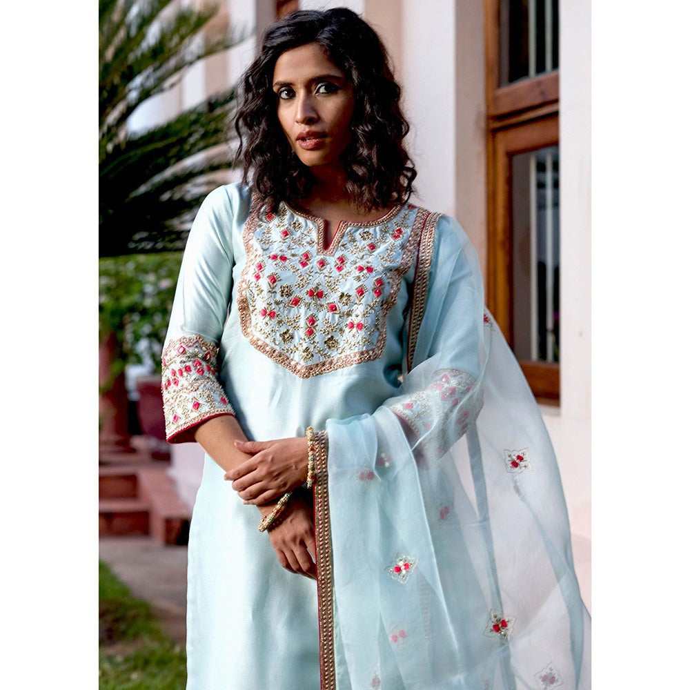 Bbaawri Blue Pink Hand Embroidered Silk Kurta with Pant & Dupatta (Set of 3)