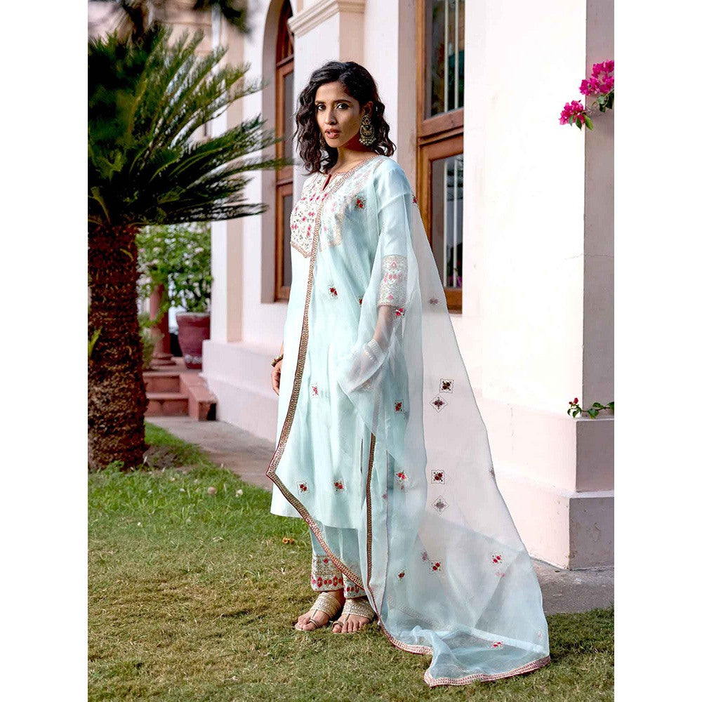 Bbaawri Blue Pink Hand Embroidered Silk Kurta with Pant & Dupatta (Set of 3)