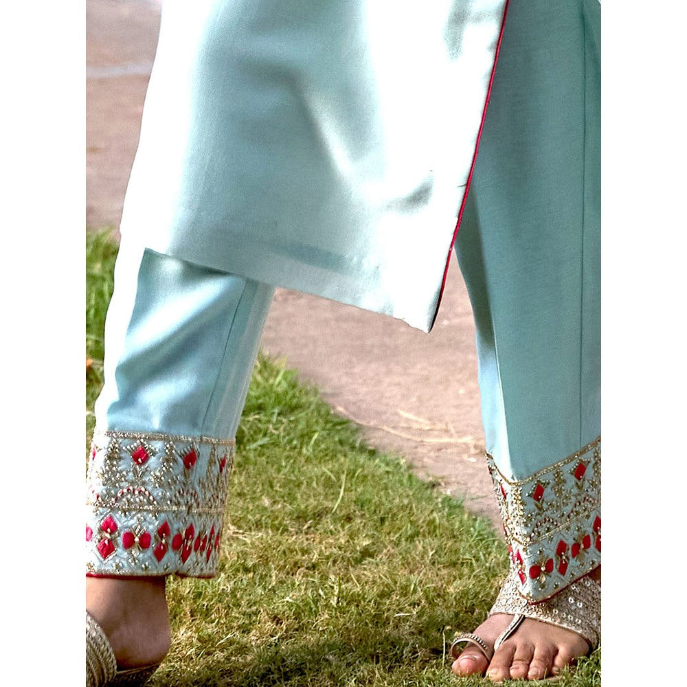 Bbaawri Blue Pink Hand Embroidered Silk Kurta with Pant & Dupatta (Set of 3)