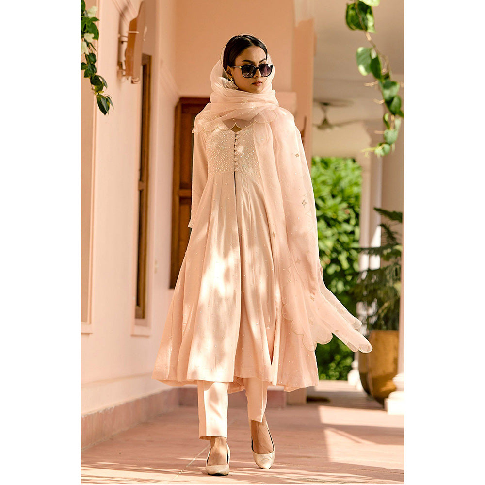 Bbaawri Peach Kali Silk Kali Kurta with Pant & Dupatta (Set of 3)