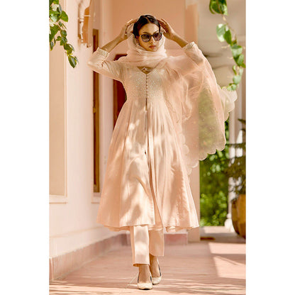 Bbaawri Peach Kali Silk Kali Kurta with Pant & Dupatta (Set of 3)
