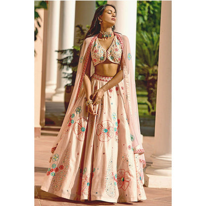 Bbaawri Peach Sequins & Resham Hand Embroidered Silk Lehenga with Blouse & Dupatta (Set of 3)