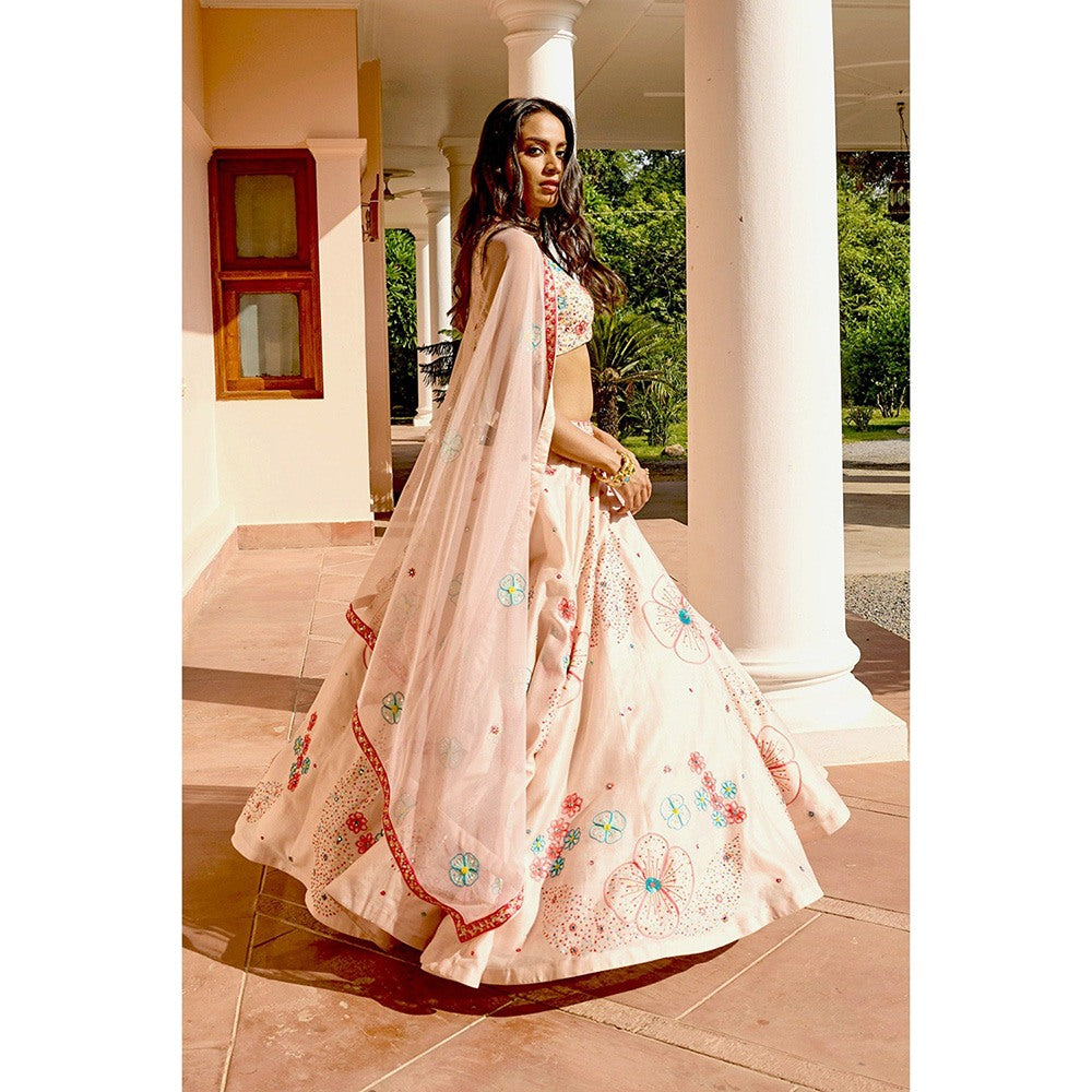 Bbaawri Peach Sequins & Resham Hand Embroidered Silk Lehenga with Blouse & Dupatta (Set of 3)