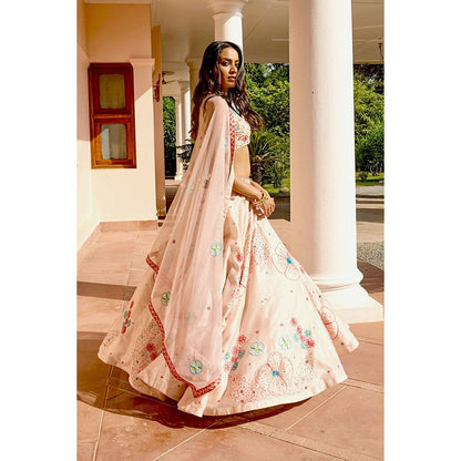 Bbaawri Peach Sequins & Resham Hand Embroidered Silk Lehenga with Blouse & Dupatta (Set of 3)