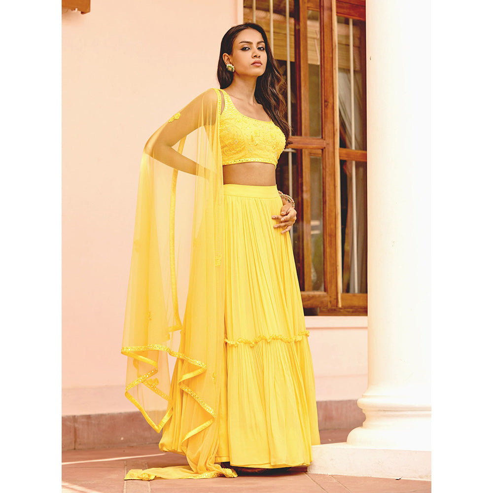 Bbaawri Yellow Hand Embroidered Layered Ruffled Lehenga with Blouse & Dupatta (Set of 3)