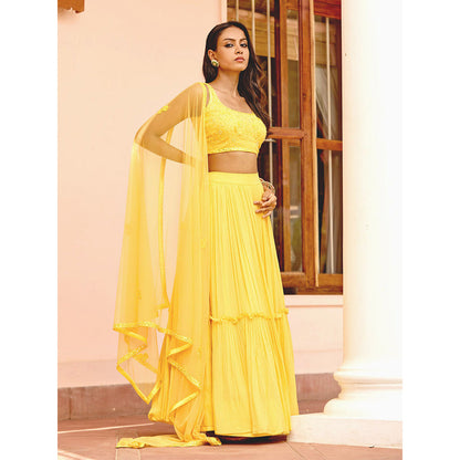 Bbaawri Yellow Hand Embroidered Layered Ruffled Lehenga with Blouse & Dupatta (Set of 3)