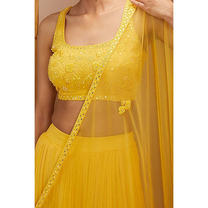 Bbaawri Yellow Hand Embroidered Layered Ruffled Lehenga with Blouse & Dupatta (Set of 3)