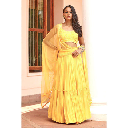 Bbaawri Yellow Hand Embroidered Layered Ruffled Lehenga with Blouse & Dupatta (Set of 3)