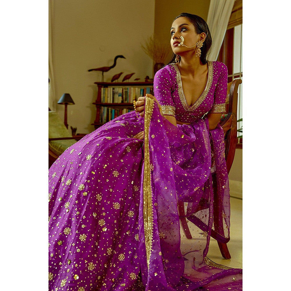 Bbaawri Purple Silk Nakshi & Zardosi Hand Embroidered Lehenga with Blouse & Dupatta (Set of 3)