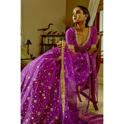 Bbaawri Purple Silk Nakshi & Zardosi Hand Embroidered Lehenga with Blouse & Dupatta (Set of 3)