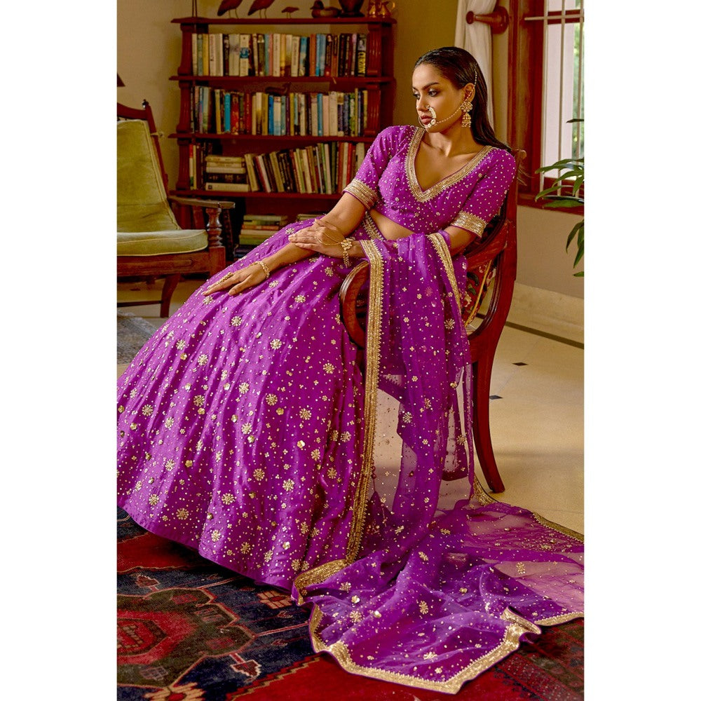 Bbaawri Purple Silk Nakshi & Zardosi Hand Embroidered Lehenga with Blouse & Dupatta (Set of 3)